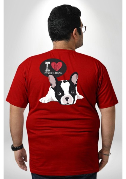 Seni Seviyorum Bulldog Büyük Beden Kırmızı Tişört Kadın Erkek Ünisex Sırt Baskılı