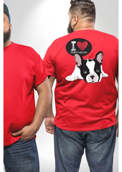 Seni Seviyorum Bulldog Büyük Beden Kırmızı Tişört Kadın Erkek Ünisex Sırt Baskılı fiyatları