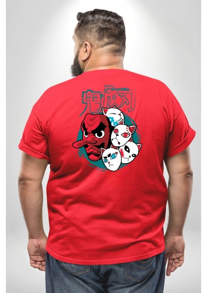 Japon Anime Tengu Maske Büyük Beden Kırmızı Tişört Kadın Erkek Ünisex Sırt Baskılı