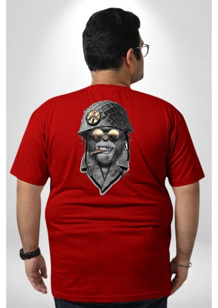 Asker Goril Komutan Büyük Beden Kırmızı Tişört Kadın Erkek Ünisex Sırt Baskılı