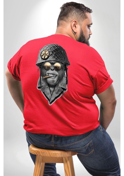 Asker Goril Komutan Büyük Beden Kırmızı Tişört Kadın Erkek Ünisex Sırt Baskılı fırsatları