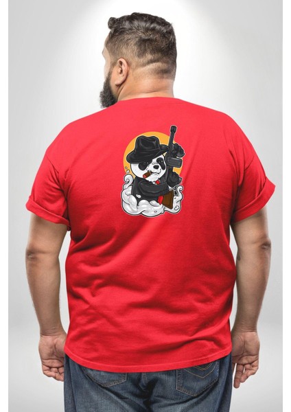 Gangster Panda Büyük Beden Kırmızı Tişört Kadın Erkek Ünisex Sırt Baskılı