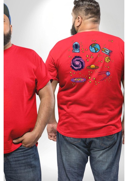 Uzay Figürleri Mars Ay Dünya Büyük Beden Kırmızı Tişört Kadın Erkek Ünisex Sırt Baskılı fiyatları