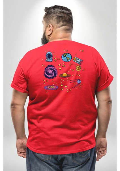 Uzay Figürleri Mars Ay Dünya Büyük Beden Kırmızı Tişört Kadın Erkek Ünisex Sırt Baskılı fırsatları