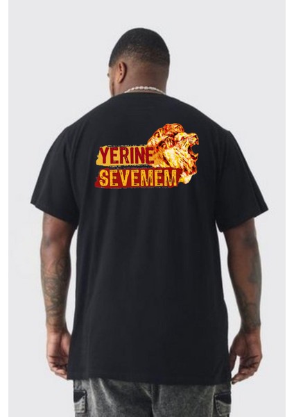 Yerine Sevemem Aslan Sarı Siyah Büyük Beden Siyah Tişört Kadın Erkek Ünisex Sırt Baskılı