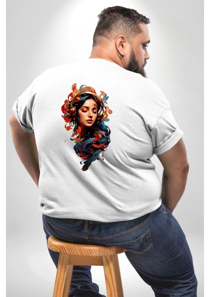 Müzik Dinleyen Kulaklık Yaprak Saçlı Renkli Büyük Beden Beyaz Tişört Kadın Erkek Ünisex Sırt Baskılı