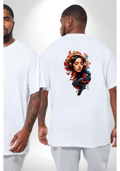 Müzik Dinleyen Kulaklık Yaprak Saçlı Renkli Büyük Beden Beyaz Tişört Kadın Erkek Ünisex Sırt Baskılı fiyatları