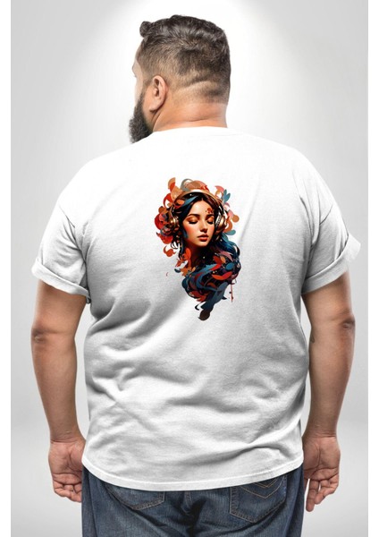 Müzik Dinleyen Kulaklık Yaprak Saçlı Renkli Büyük Beden Beyaz Tişört Kadın Erkek Ünisex Sırt Baskılı fırsatları