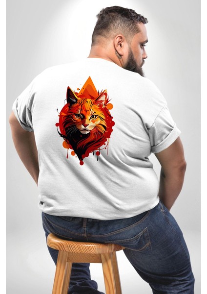 Renkli Sarı Beyaz Kedi Büyük Beden Beyaz Tişört Kadın Erkek Ünisex Sırt Baskılı