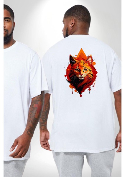 Renkli Sarı Beyaz Kedi Büyük Beden Beyaz Tişört Kadın Erkek Ünisex Sırt Baskılı fiyatları