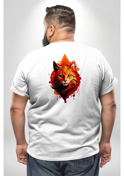 Renkli Sarı Beyaz Kedi Büyük Beden Beyaz Tişört Kadın Erkek Ünisex Sırt Baskılı fırsatları