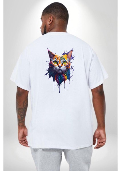 Şimşek Yağmur Kedi Büyük Beden Beyaz Tişört Kadın Erkek Ünisex Sırt Baskılı