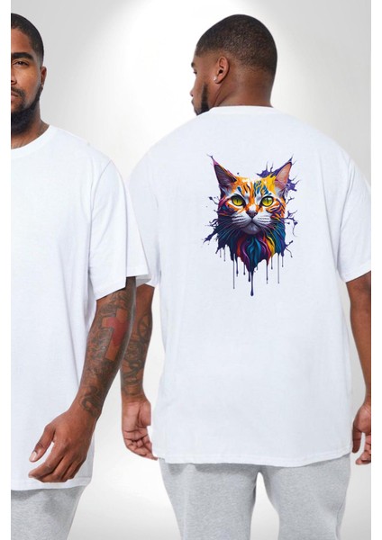 Şimşek Yağmur Kedi Büyük Beden Beyaz Tişört Kadın Erkek Ünisex Sırt Baskılı fiyatları