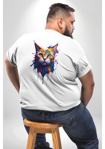 Şimşek Yağmur Kedi Büyük Beden Beyaz Tişört Kadın Erkek Ünisex Sırt Baskılı fırsatları