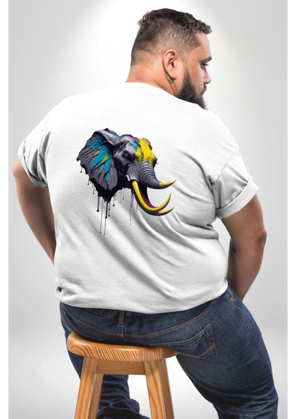 Renkli Fil Kafası Büyük Beden Beyaz Tişört Kadın Erkek Ünisex Sırt Baskılı