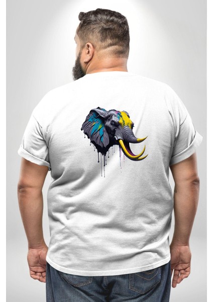 Renkli Fil Kafası Büyük Beden Beyaz Tişört Kadın Erkek Ünisex Sırt Baskılı fırsatları
