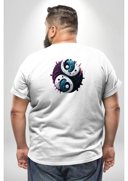 Renkli Yin Ile Yang Kuramı Büyük Beden Beyaz Tişört Kadın Erkek Ünisex Sırt Baskılı