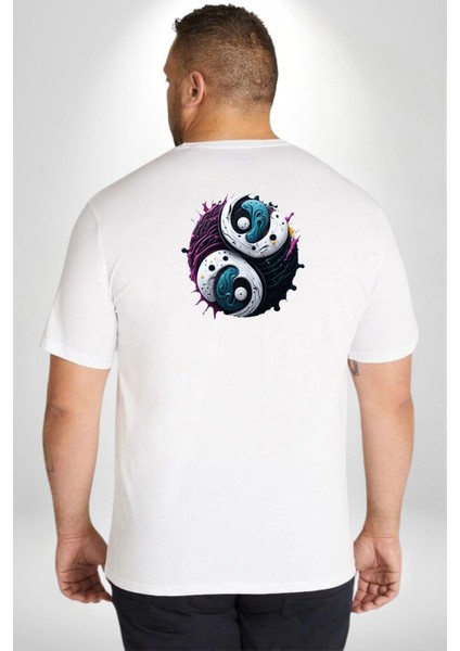 Renkli Yin Ile Yang Kuramı Büyük Beden Beyaz Tişört Kadın Erkek Ünisex Sırt Baskılı fırsatları