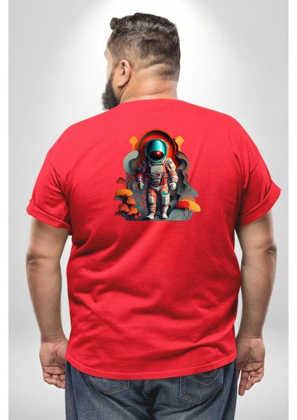 Astronot Yapay Zeka Yürüyüş Büyük Beden Kırmızı Tişört Kadın Erkek Ünisex Sırt Baskılı