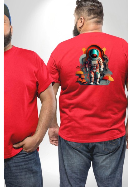 Astronot Yapay Zeka Yürüyüş Büyük Beden Kırmızı Tişört Kadın Erkek Ünisex Sırt Baskılı fiyatları