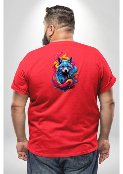 Renkli Kurt Büyük Beden Kırmızı Tişört Kadın Erkek Ünisex Sırt Baskılı