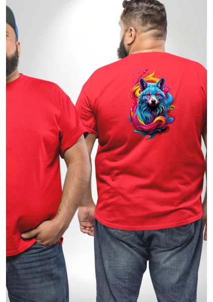 Renkli Kurt Büyük Beden Kırmızı Tişört Kadın Erkek Ünisex Sırt Baskılı fiyatları