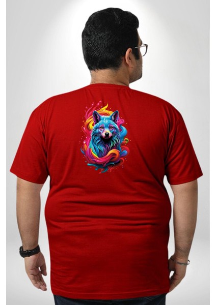 Renkli Kurt Büyük Beden Kırmızı Tişört Kadın Erkek Ünisex Sırt Baskılı fırsatları
