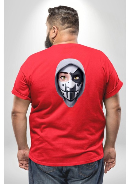 Maske Takan Kahraman Kafası Büyük Beden Kırmızı Tişört Kadın Erkek Ünisex Sırt Baskılı