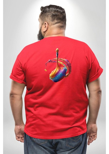 Resim Fırcası Büyük Beden Kırmızı Tişört Kadın Erkek Ünisex Sırt Baskılı