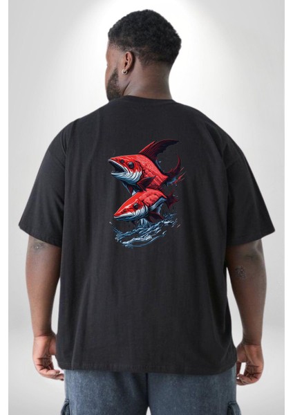 Siyah Japon Balığı Büyük Beden Siyah Tişört Kadın Erkek Ünisex Sırt Baskılı