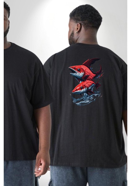 Siyah Japon Balığı Büyük Beden Siyah Tişört Kadın Erkek Ünisex Sırt Baskılı fiyatları