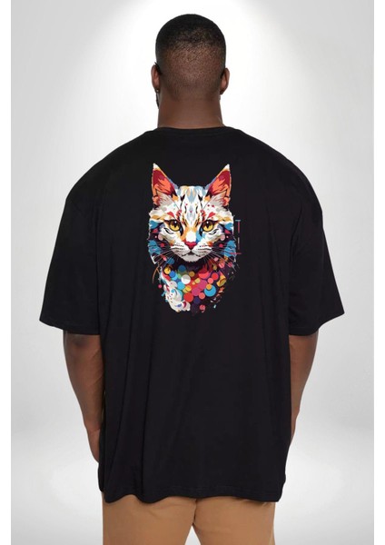 Renki Kedi Sarı Gözlü Tekir Büyük Beden Siyah Tişört Kadın Erkek Ünisex Sırt Baskılı