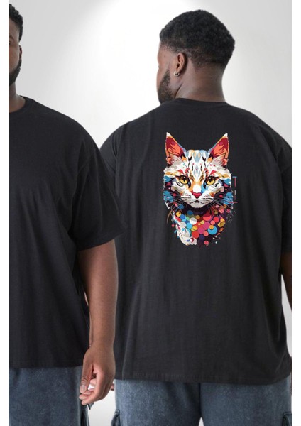 Renki Kedi Sarı Gözlü Tekir Büyük Beden Siyah Tişört Kadın Erkek Ünisex Sırt Baskılı fiyatları