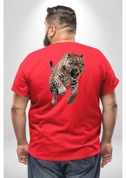 Jaguar Sırtından Çıkan Büyük Beden Kırmızı Tişört Kadın Erkek Ünisex Sırt Baskılı