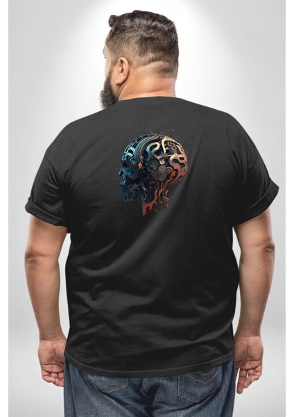 Robot Kafası Kız Büyük Beden Siyah Tişört Kadın Erkek Ünisex Sırt Baskılı