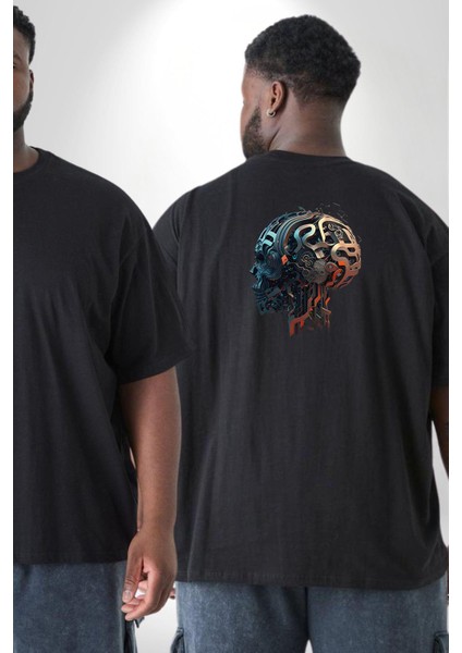 Robot Kafası Kız Büyük Beden Siyah Tişört Kadın Erkek Ünisex Sırt Baskılı fiyatları