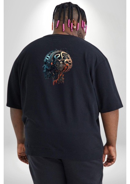 Robot Kafası Kız Büyük Beden Siyah Tişört Kadın Erkek Ünisex Sırt Baskılı fırsatları