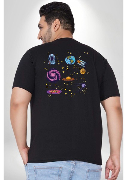 Uzay Figürleri Mars Ay Dünya Büyük Beden Siyah Tişört Kadın Erkek Ünisex Sırt Baskılı