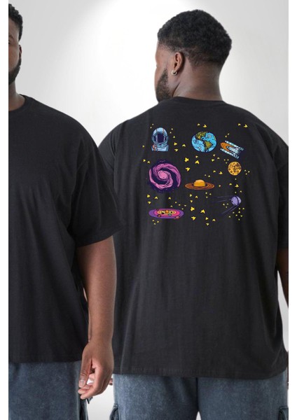Uzay Figürleri Mars Ay Dünya Büyük Beden Siyah Tişört Kadın Erkek Ünisex Sırt Baskılı fiyatları