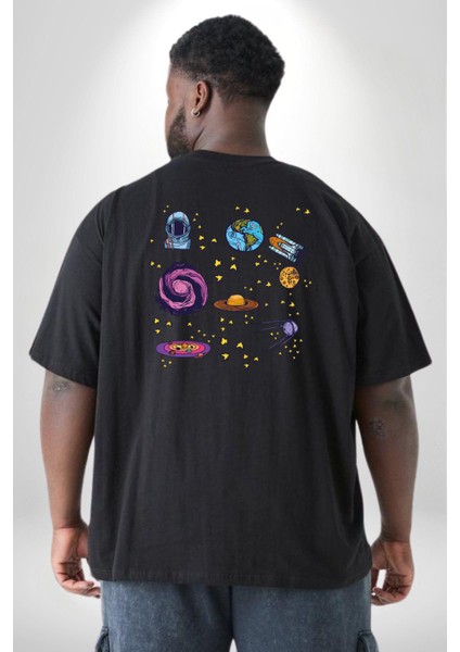 Uzay Figürleri Mars Ay Dünya Büyük Beden Siyah Tişört Kadın Erkek Ünisex Sırt Baskılı fırsatları