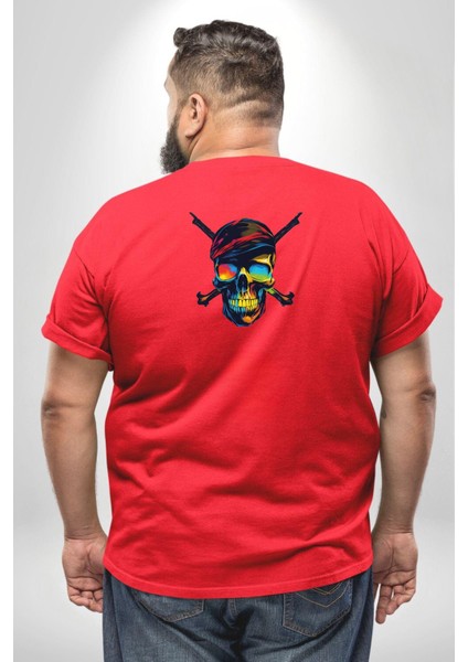 Korsan Kurukafa Büyük Beden Kırmızı Tişört Kadın Erkek Ünisex Sırt Baskılı