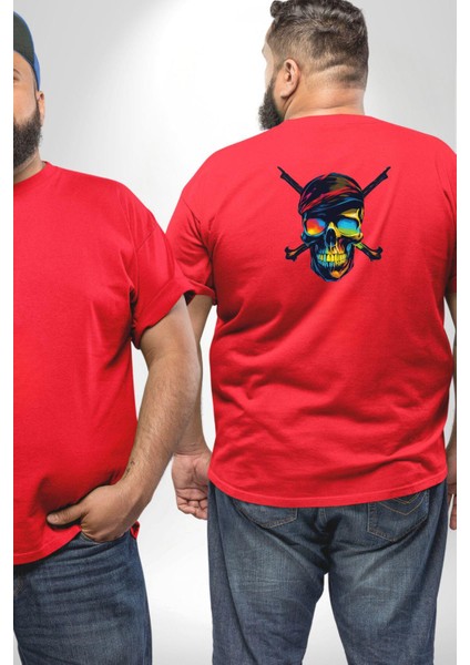 Korsan Kurukafa Büyük Beden Kırmızı Tişört Kadın Erkek Ünisex Sırt Baskılı fiyatları