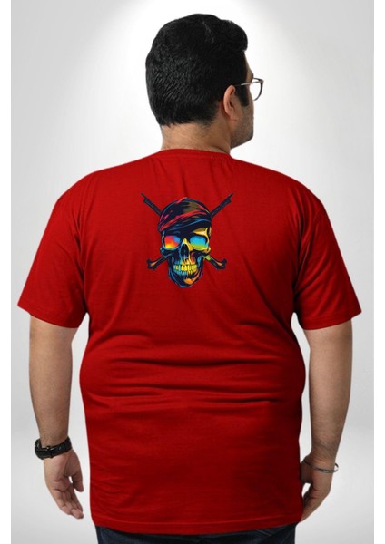 Korsan Kurukafa Büyük Beden Kırmızı Tişört Kadın Erkek Ünisex Sırt Baskılı fırsatları