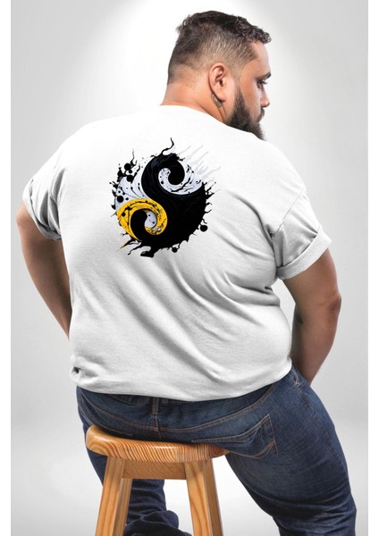 Yin Ile Yang Kuramı Büyük Beden Beyaz Tişört Kadın Erkek Ünisex Sırt Baskılı