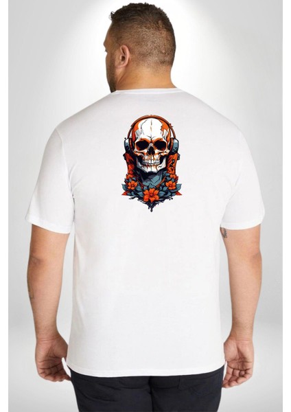 Müzik Kulaklık Takan Kurukafa Beyaz Gül Büyük Beden Beyaz Tişört Kadın Erkek Ünisex Sırt Baskılı