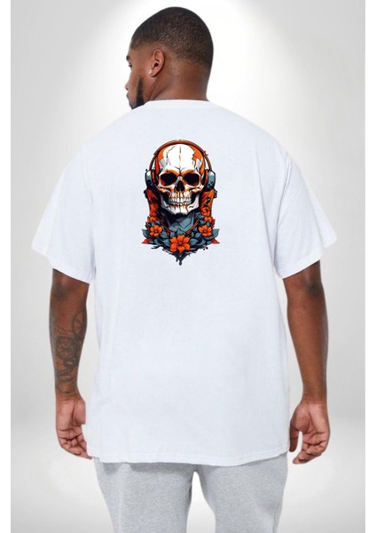 Müzik Kulaklık Takan Kurukafa Beyaz Gül Büyük Beden Beyaz Tişört Kadın Erkek Ünisex Sırt Baskılı fırsatları