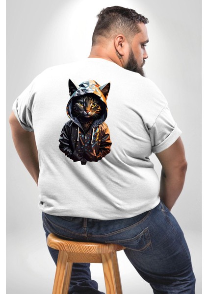 Hip Hop Gençlik Kedi Çeket Büyük Beden Beyaz Tişört Kadın Erkek Ünisex Sırt Baskılı