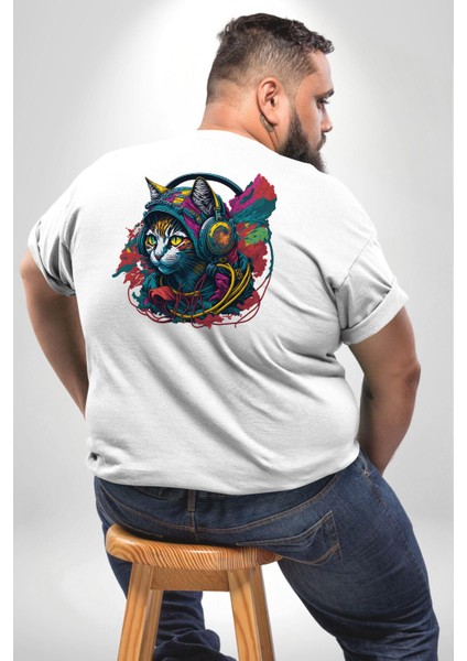 Kulaklık Kedi Müzik Tekir Büyük Beden Beyaz Tişört Kadın Erkek Ünisex Sırt Baskılı