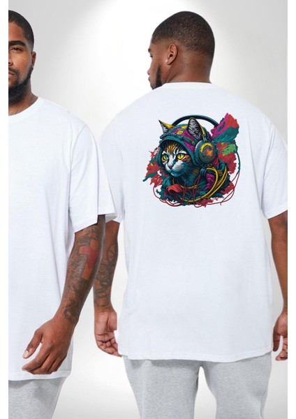 Kulaklık Kedi Müzik Tekir Büyük Beden Beyaz Tişört Kadın Erkek Ünisex Sırt Baskılı fiyatları