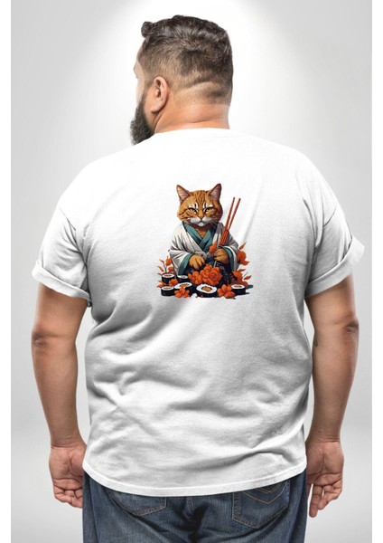 Suşi Balık Çiçek Japon Kedi Büyük Beden Beyaz Tişört Kadın Erkek Ünisex Sırt Baskılı